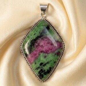 Ruby Zoisite Pendant Sterling Silver Stamped Bale Statement Stone 2.25"